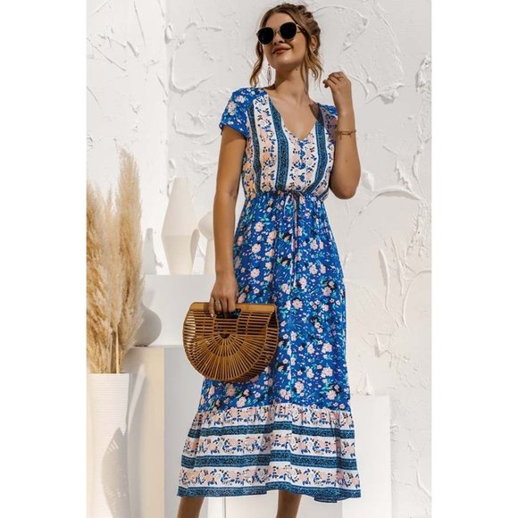 Boho Floral Print V-Neck Midi Dress Blue - Picture 2 of 4